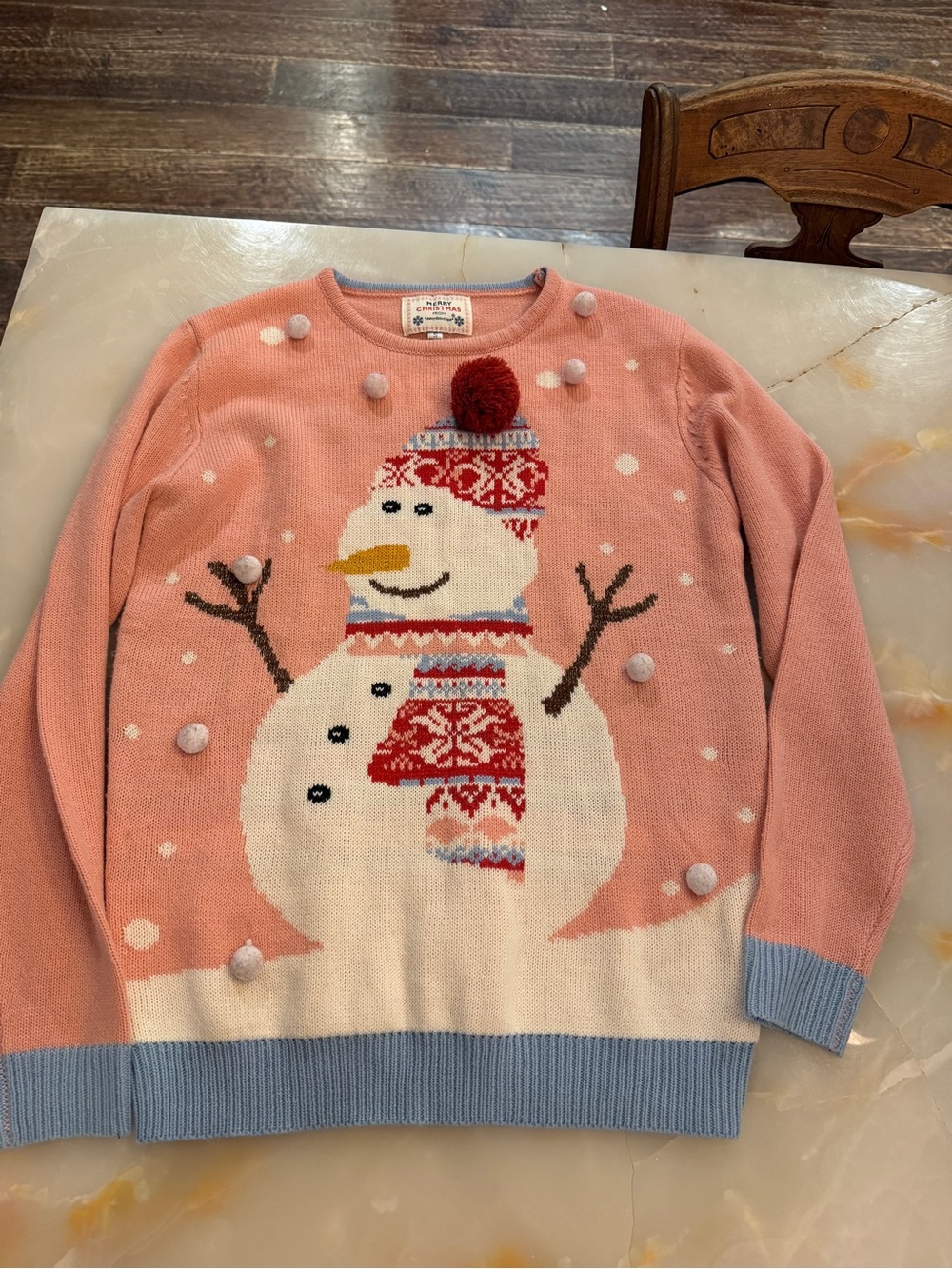 Daisy Pink Snowman Pom-Pom Crewneck Sweater with Blue Trim